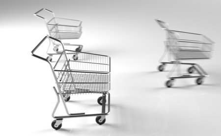 3D Rendering Of Realistic Supermarket Metal Shopping Carts Rolling On White Backgroundの写真素材
