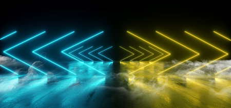 Smoke Neon Lights Sci Fi Futuristic  Arrow Shaped Vibrant Yellow Blue Glowing On Grunge Concrete Floor Ceiling Underground Garage Tunnel Corridor Dark Empty Virtual 3D Rendering Illustrationの写真素材