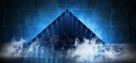 Smoke Fog Neon Glowing Led Laser Virtual Reality Optical Illusion Infinity Glow Mirror Box Grunge Concrete Reflective Room Fluorescent Vibrant Blue Glowing Lights Abstract Gallery 3D Rendering Illustrationの写真素材
