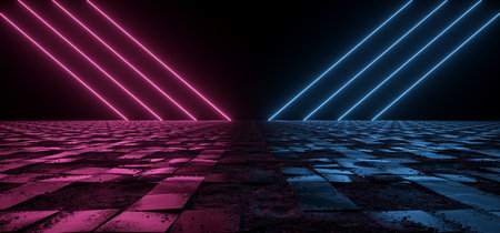 Sci Fi Futuristic Dark Night Rough Tiled Ground Concrete Stone TIles Reflective Neon Laser Purple Blue Beams Cyber Virtual Glowing 3D Rendering Illustrationの写真素材