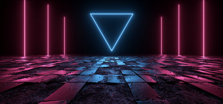Sci Fi Futuristic Dark Night  Neon Laser Purple Blue Beams Triangle Pillars Rough Tiled Ground Concrete Stone TIles Reflective Cyber Virtual Glowing 3D Rendering Illustrationの写真素材