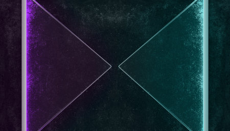 Neon Led Laser Cyber Glowing Blue Grunge Dark Concrete Wall With Blue Purple Pink  Lightened Triangle Glass Close up. 3D Rendering Illustrationの写真素材