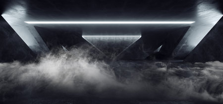 Smoke Steam Fog Sci Fi Modern Concrete Cement Dark Empty Asphalt Reflective Grunge Hall Room Corridor Tunnel Spaceship Glowing White Cinematic Daylight Rays Glow 3d Rendering Illustrationの写真素材