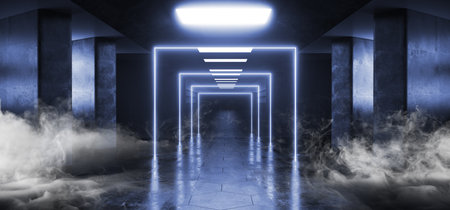 Smoke Steam Fog Reflective Glowing Alien Spaceship Sci Fi Futuristic Room Hall Corridor Hall Windows Light Ultraviolet Blue White  Glowing Neon Fluorescent Abstract Lines Path 3D Rendering Illustrationの写真素材