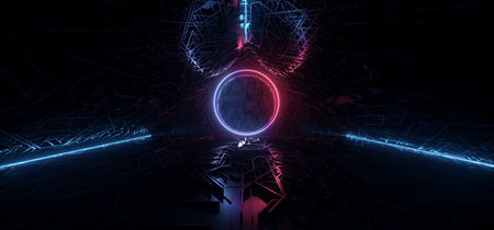 Neon Glowing Circle Shaped Purple Red Blue Laser Light Shape In Dark Sci Fi Futuristic Warehouse Alien Spaceship Tunnel Corridor Textured Metal Reflective Background Cyber Synthwave 3D Rendering illustrationの写真素材