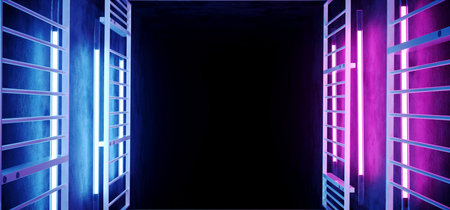 Sci Fi Modern Elegant Neon Glowing Vibrant Blue Purple Pink Colored Lights On Metal Structure Frame...