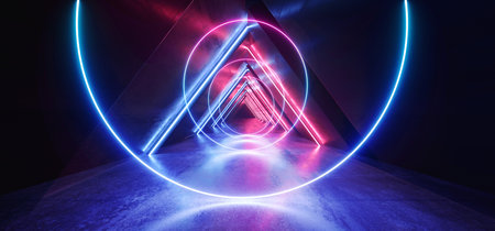 Neon Lights Triangle Sci Fi Glowing Purple Blue Shaped Fluorescent Retro Modern Elegant Alien Spaceship Dark Underground Corridor Tunnel Hallway Club Empty Background 3D Rendering Illustrationの写真素材