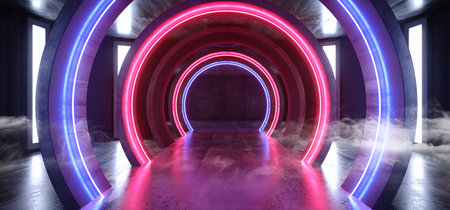 Smoke Futuristic Neon Lights Sci Fi Glowing Purple Blue Virtual Vibrant Underground Garage Tunnel Corridor Grunge Concrete Reflection Dark Empty Circle Shapes 3D Rendering Illustrationの写真素材