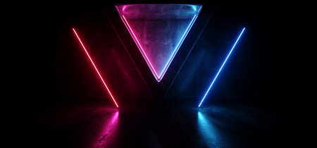 Neon Glowing Future Sci Fi Night Fashion Club Laser Beam Purple Blue Concrete Grunge Reflective Empty Hall Garage Underground Ship 3D Rendering Illustrationの写真素材