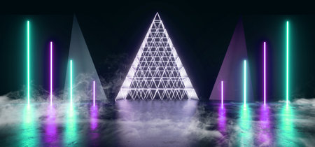 Smoke Fog Mist Purple Blue Neon Laser Sci Fi Futuristic Pyramid Triangle Path Tunnel Corridor Hall Big Dark Night Cyber Virtual Reality Road 3D Rendering Illustrationの写真素材