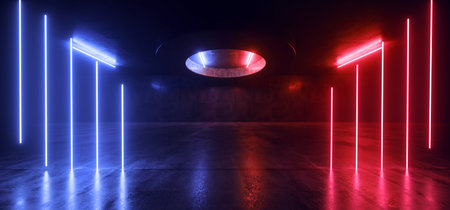 Sci Fi Futuristic Laser Neon Stage Podium Tunnel Corridor Hallway Garage Vibrant Red Blue Reflective Grunge Concrete Virtual Cyber Phantom Night Dark Triangle Oval 3D Rendering Illustrationの写真素材