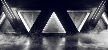 Smoke Fog Steam Triangle Concrete Hallway Garage Studio Night Club Room Cyber City Neon Glowing White Lasers 3D Rendering Illustrationの写真素材