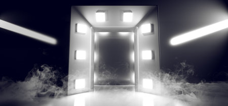 Smoke Sci Fi Future Steam Mist Fog Studio Neon Led Laser White Lights Glowing On Concrete Construction Cyber Hallway Tunnel Garage Corridor Club Showcase 3D Rendering Illustrationの写真素材