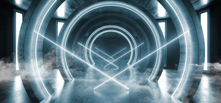 Smoke Futuristic Neon Lights Sci Fi Glowing Blue Virtual Vibrant Underground Garage Tunnel Corridor Grunge Concrete Reflection Dark Empty Circle Shapes 3D Rendering Illustrationの写真素材