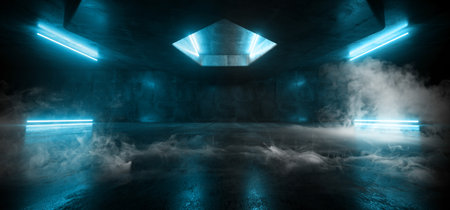 Smoke Steam Fog  Sci Fi Futuristic Alien Night Dark Neon Glowing Laser Beams Phantom Blue Studio Garage Underground Stage Club Concrete Reflections 3D Rendering Illustrationの写真素材