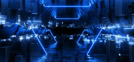 Sci Fi Futuristic Schematic Textured Tunnel Corridor Alien Spaceship Cyberpunk Blue Glowing Laser...