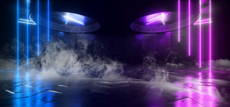 Smoke Steam Fog  Sci Fi Futuristic Alien Night Dark Neon Glowing Laser Beams Blue Phantom Red Studio Garage Underground Stage Club Concrete Reflections 3D Rendering illustrationの写真素材