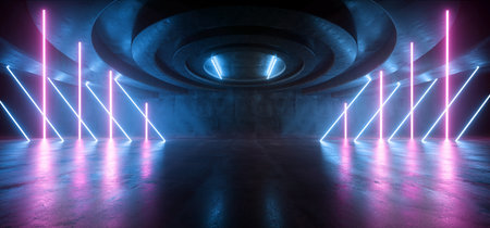 Sci Fi Futuristic Laser Neon Stage Podium Tunnel Corridor Hallway Garage Vibrant Purple Blue...