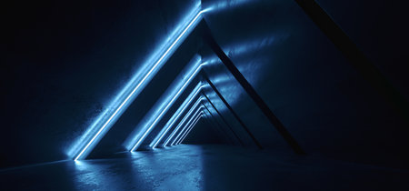 Future Neon Lights Triangle Sci Fi Retro Glowing Purple Blue Tunnel Corridor Hallway Club Underground Garage Gallery Virtual Reality Concrete Grunge Reflection 3D Rendering Illustrationの写真素材