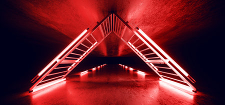 Futuristic Sci Fi Retro Modern Alien Dark Empty Grunge Concrete Room With Neon Glowing Red Triangle Shaped Metal Structures Lighted Road 3D Rendering Illustrationの写真素材
