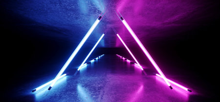 Sci Fi Modern Futuristic Neon Glowing Triangle Shaped Purple Blue Glowing Tube Lights With Empty...