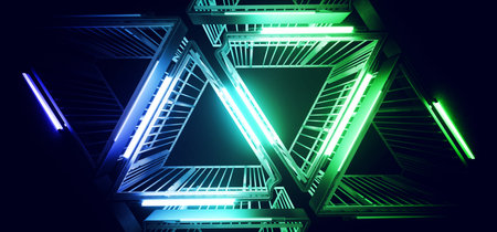 Sci FI Futuristic Elegant Alien Modern Hi Tech Neon Glowing Classic Pantone Blue Green Triangle...