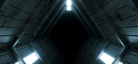 Concrete Cement Sci Fi Futuristic Dark Abstract Alien Spaceship Tunnel Corridor Blue White LIghts Empty Background Underground 3D Rendering Illustrationの写真素材