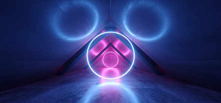 Neon Lights Blue Purple Glowing Circle Arch Sci Fi Futuristic Virtual Grunge Concrete Reflective...