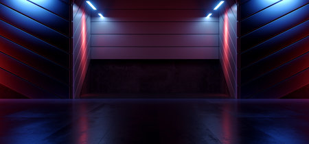 Neon Glowing Sci Fi Futuristic Blue Purple Red Cement Garage Door Parking Showroom Showroom Hangar Alien Spaceship Dark Cyber Background 3D Rendering Illustrationの写真素材