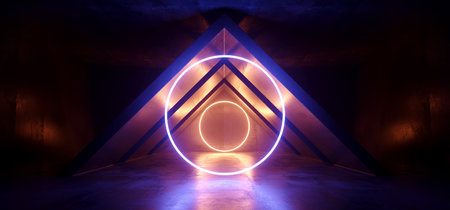 Triangle Future Sci Fi Futuristic Dark Night Neon Glowing Laser Orange Purple Blue Triangle Shaped Corridor Tunnel Reflective Concrete Stage Spaceship Background 3D Rendering Illustrationの写真素材