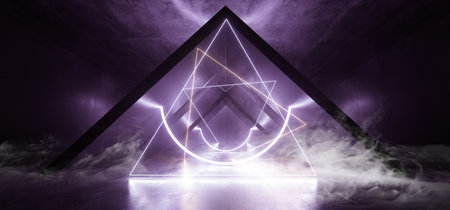 Smoke Neon Lights Futuristic Sci Fi Vibrant Purple Blue Dark Background Graphic Corridor Tunnel Spaceship Alien Garage Underground Shaped Lasers Glowing Grunge Concrete 3D Rendering Illustrationの写真素材