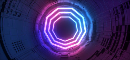 Sci Fi Gate Portal Neon Glowing Sphere Circle Gradient Purple Blue Retro Alien Spaceship Reflective Motherboard Texture Chip Empty Background Spaceship 3D Rendering Illustrationの写真素材