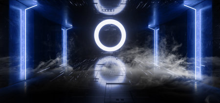 Smoke Sci Fi Modern Futuristic Neon Lights Blue Glow Concrete Columns Circle Shape Technology...
