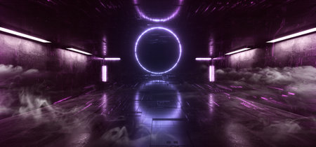 Smoke Sci Fi Modern Futuristic Neon Lights Purple Blue Glow Concrete Columns Circle Shape Technology Schematic Chip Texture Reflective Dark Tunnel Room Corridor Alien Spaceship Night Vibrant 3D Rendering Illustrationの写真素材
