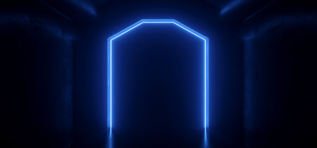 Sci Fi Futuristic Neon Blue Lights Glowing Lasers Tunnel Room Underground Spaceship Dark Empty Grunge Concrete Reflective Virtual Reality Graphic Background 3D Rendering  Illustrationの写真素材