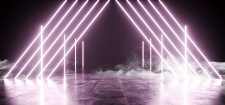 Smoke Grunge Sci Fi Concrete Tunnel Spaceship Neon Purple Glowing Shape Triangle Vertical  Line...