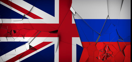United Kingdom Vs Russia Concept Flags On Broken Cracked Concrete 3D Renderingの写真素材
