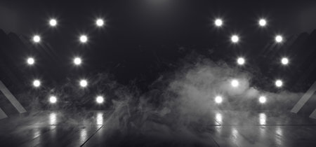 Smoke Foggy Sci Fi Futuristic Studio Lights Laser Neon Tubes Glowing White On Grunge Concrete Bar...