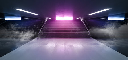 Smoke Sci Fi Futuristic Neon Lights Arrow Shape Hall Dark Empty Underground Tunnel Corridor Stairs Signs Lights Purple Blue Glowing  Empty Reflective Grunge Concrete Modern 3D Rendering Illustrationの写真素材