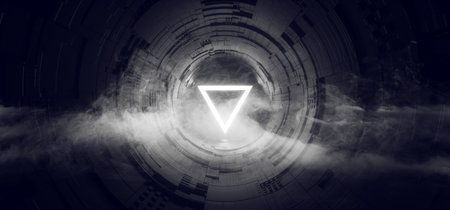 Smoke Sci Fi Gate Portal Neon Glowing Triangle Circle White Alien Spaceship Reflective Motherboard...