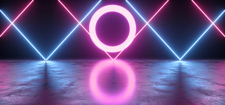 Neon Glowing Futuristic Purple Blue Laser Circle  Beam Shapes Night Retro Modern Stage Grunge...