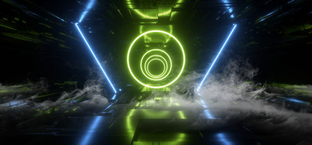Smoke Alien Spaceship Green Neon Futuristic Sci Fi Laser Circle Shape Schematic Motherboard Chip...
