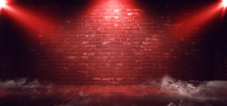 Smoke Fog Steam Dark Podium Night Retro Brick  Stage Club Garage Room Corridor bar Dance Empty Space Red Spot Lights Realistic Background 3D Rendering Illustrationの写真素材
