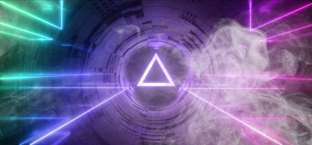 Smoke Studio Sci Fi Neon Glowing Triangle Sphere Circle Gate Portal  Gradient Purple Blue Retro Alien Spaceship Reflective Motherboard Texture Chip Empty Background Spaceship 3D Rendering Illustrationの写真素材