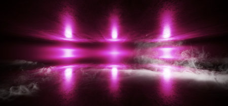 Smoke Futuristic Spaceship Stage Sci Fi Neon Glowing Purple Laser Chaotic Abstract Virtual Fluorescent Dark Grunge Concrete Tunnel Corridor Hallway Underground 3D Rendering Illustrationの写真素材