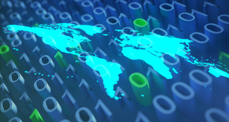 Blue Glowing World Map On Binary Blue And Green Background.3D Renderingの写真素材