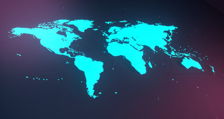 Blue Glowing World Map On Colorful Blurry Background.3D Renderingの写真素材