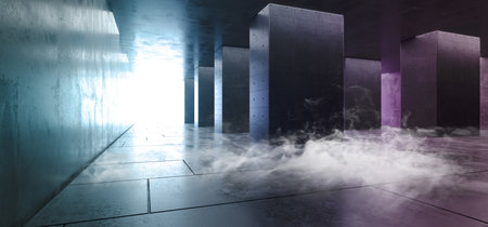 Smoke Concrete Columns Asphalt Dark Purple Pink White Glow Vibrant Reflections Grunge Garage Underground Tunnel Corridor Hallway Spaceship Empty 3D Rendering Illustrationの写真素材