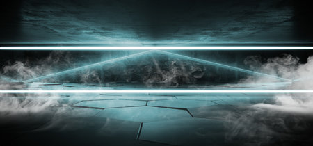 Smoke Future Sci Fi Futuristic Neon Light Glowing Blue Tiled Hexagon Floor Concrete Grunge Dark Room Virtual Hallway Club Studio 3D Rendering Illustrationの写真素材