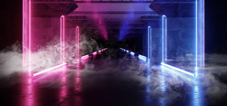 Smoke Spaceship Virtual Futuristic Sci Fi Neon Glowing Fluorescent Track Purple Blue Pink Corridor Path Gate Tunnel Gallery Light Lines Triangle Shaped Underground Grunge Concrete Glossy Dark 3D Rendering Illustrationの写真素材